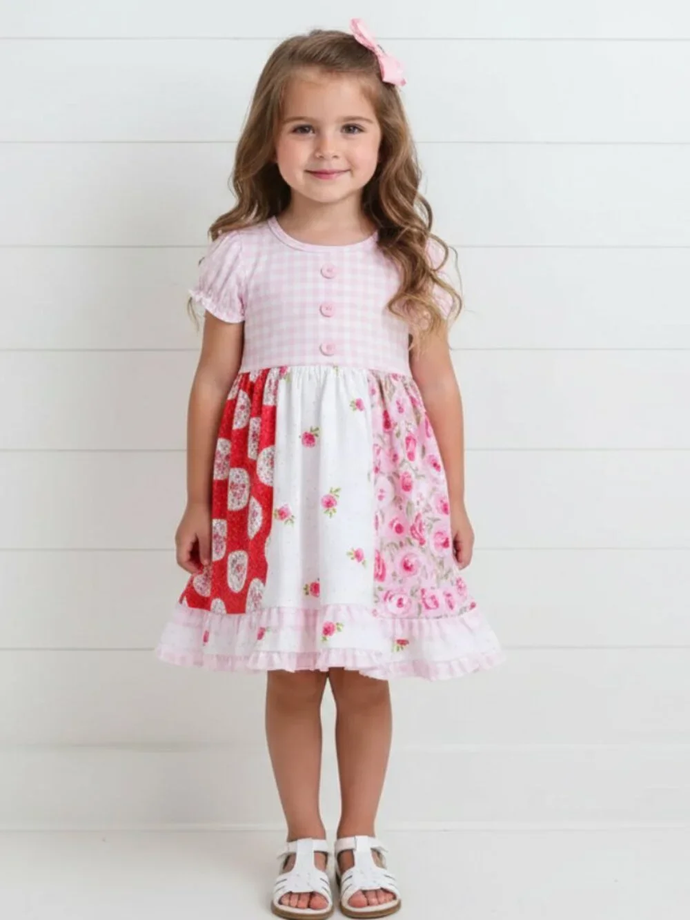 Pink Cabbage Rose Gingham Twirl Dress